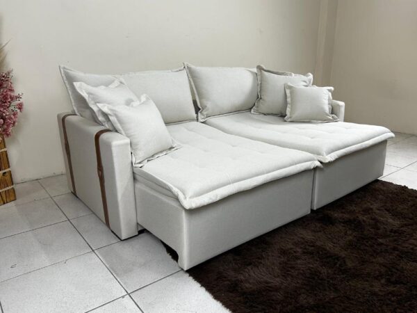 Sofá Cama Retrátil Reclinável Esparta 2.20m – Bege Linho / Marrom Courino
