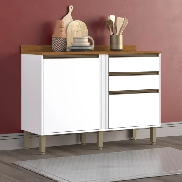Balcão Cozinha Pérola Cinamomo/Off/ Cinamomo off/ Cinamomo preto 2 Portas 2 Gavetas Larg. 1.20m - Sallêto
