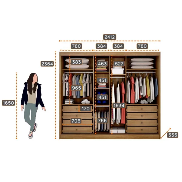 GUARDA ROUPA Casal Diamond Plus Cumaru3 Pts 8 Gavetas C/ 1 Espelho 100% MDF - MONTAGEM GRATIS - Imagem 4