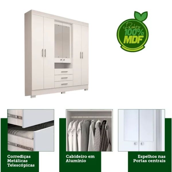 GUARDA ROUPA Débora Nature/Off / Branco 6 Portas C/ Espelho e Pés 100% MDF Larg. 1.78m - ACP - Imagem 4