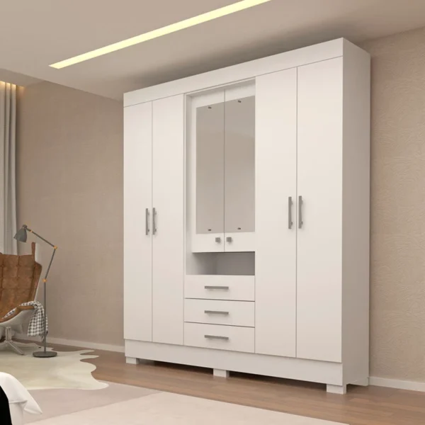GUARDA ROUPA Débora Nature/Off / Branco 6 Portas C/ Espelho e Pés 100% MDF Larg. 1.78m - ACP - Imagem 2