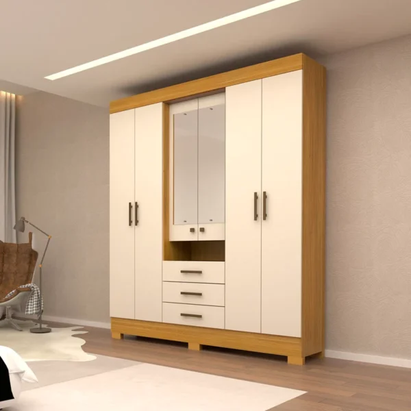 GUARDA ROUPA Débora Nature/Off / Branco 6 Portas C/ Espelho e Pés 100% MDF Larg. 1.78m - ACP