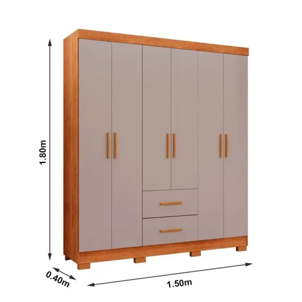 GUARDA ROUPA Solteiro Estrela Cinamomo/Off 6 Portas 2 Gavetas C/ Pés Larg. 1.50m - Sallêto - Imagem 3