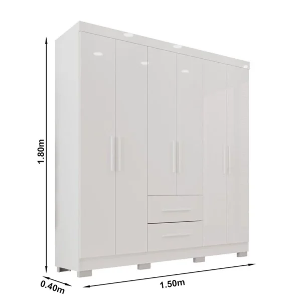 GUARDA ROUPA Solteiro Estrela Branco 6 Portas 2 Gavetas C/Pés Larg. 1.50m - Sallêto - Imagem 3