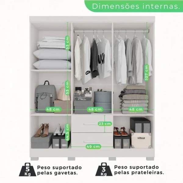 GUARDA ROUPA Solteiro Estrela Branco 6 Portas 2 Gavetas C/Pés Larg. 1.50m - Sallêto - Imagem 2