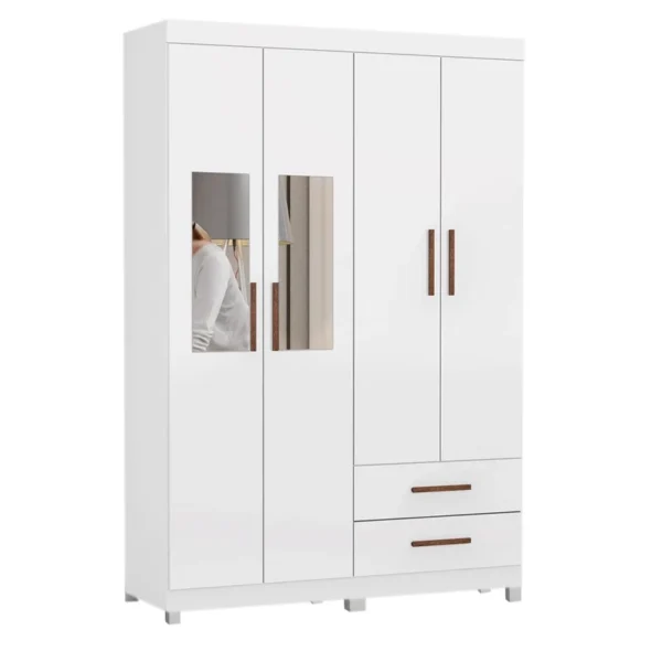 GUARDA ROUPA Solteiro Hércules Branco 04 Portas 02 Gavetas C/Espelho e Pés Larg. 1.18m - Carioca