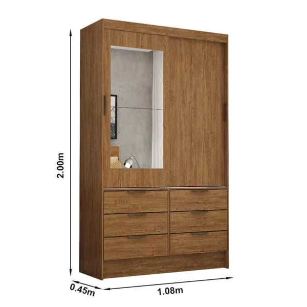 GUARDA ROUPA Solteiro Sevilha Cinamomo 2 Portas C/ 1 Espelho 6 Gavetas Larg. 1.08m - Carioca - Imagem 3