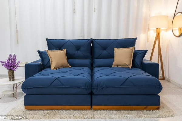 Sofá Retrátil Reclinável 2.50m Gran Bello Veludo Azul - D33 e Molas Ensacadas - Imagem 2