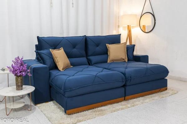 Sofá Retrátil Reclinável 2.50m Gran Bello Veludo Azul - D33 e Molas Ensacadas - Imagem 3