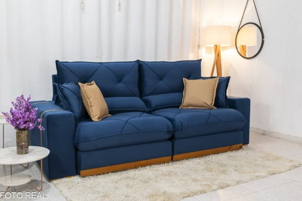 Sofá Retrátil Reclinável 2.50m Gran Bello Veludo Azul - D33 e Molas Ensacadas