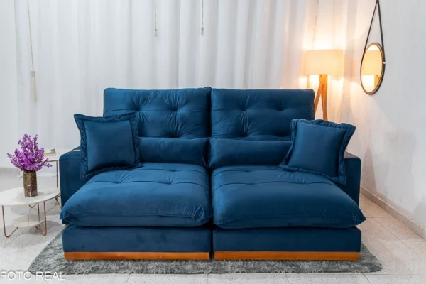 Sofá Retrátil Reclinável 2.50m Toronto Veludo Azul 4061 - Molas Ensacadas - Imagem 2