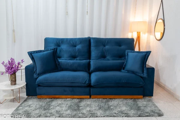 Sofá Retrátil Reclinável 2.50m Toronto Veludo Azul 4061 - Molas Ensacadas