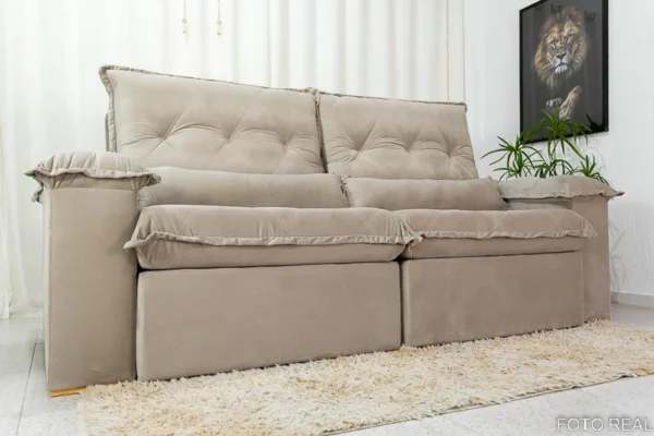Sofá Retrátil Reclinável Califórnia 2.50m Veludo 525 Bege - D28 Hiper soft - Imagem 5