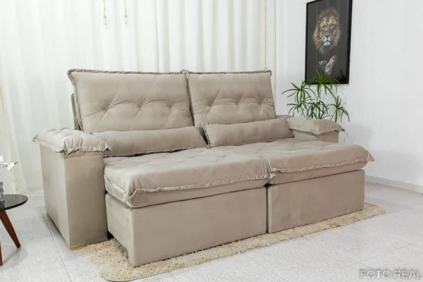 Sofá Retrátil Reclinável Califórnia 2.50m Veludo 525 Bege - D28 Hiper soft