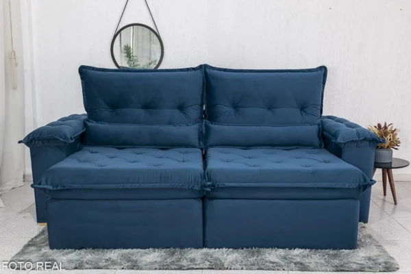 Sofá Retrátil Reclinável Califórnia 2.50m Veludo Azul 529 - D28 Hiper soft