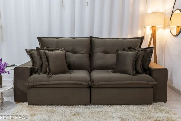 Sofá Retrátil Reclinável Ferrara 2.50m Veludo Marrom D33 e Molas Ensacadas