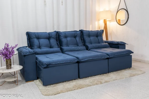 aSofá Retrátil Reclinável Grécia Veludo Azul Larg. 2.70m - Sem Caixa - Imagem 3