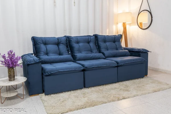 aSofá Retrátil Reclinável Grécia Veludo Azul Larg. 2.70m - Sem Caixa