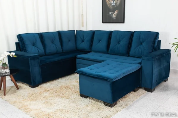 Sofá Canto 5 lugares com Puff Alemanha Veludo Azul A16 - Imagem 3