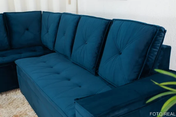 Sofá Canto 5 lugares com Puff Alemanha Veludo Azul A16 - Imagem 4