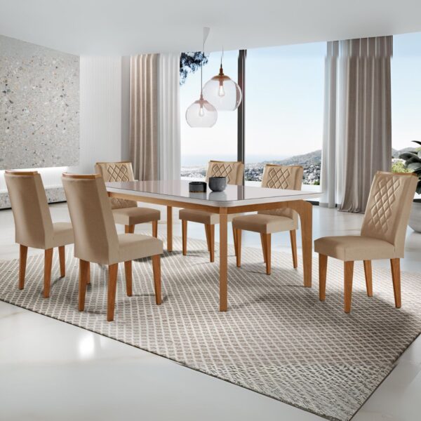 Mesa Londrina 180 Canto Copo Imbuia/Off White com 6 Cadeiras Jade Linho Turim 07