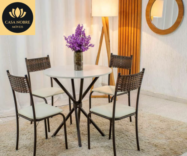 Mesa Atlanta Base Ipanema Marrom Tampo Redondo Pedra Off 75x75 4 Cadeiras Assento Creme