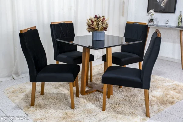 Mesa de Jantar Pedro Mel Vidro Preto 90×90 4 Cadeiras Lisboa Veludo Preto 504 Madeira Maciça