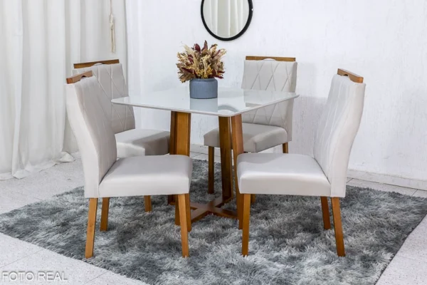 Mesa de Jantar Pedro Mel Vidro Off 90×90 4 Cadeiras Lisboa Veludo bege 514 Madeira Maciça