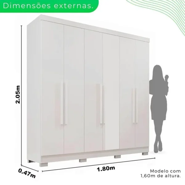 GUARDA ROUPA Recife Branco 6 Portas C/Pés Larg. 1.80m - Sallêto - Imagem 2