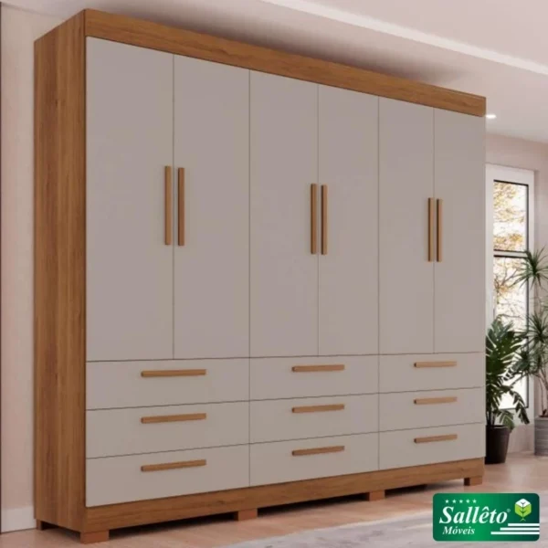 GUARDA ROUPA Dinamarca Cinamomo/Off 6 Portas 9 Gavetas C/pés Larg. 1.80m - Sallêto